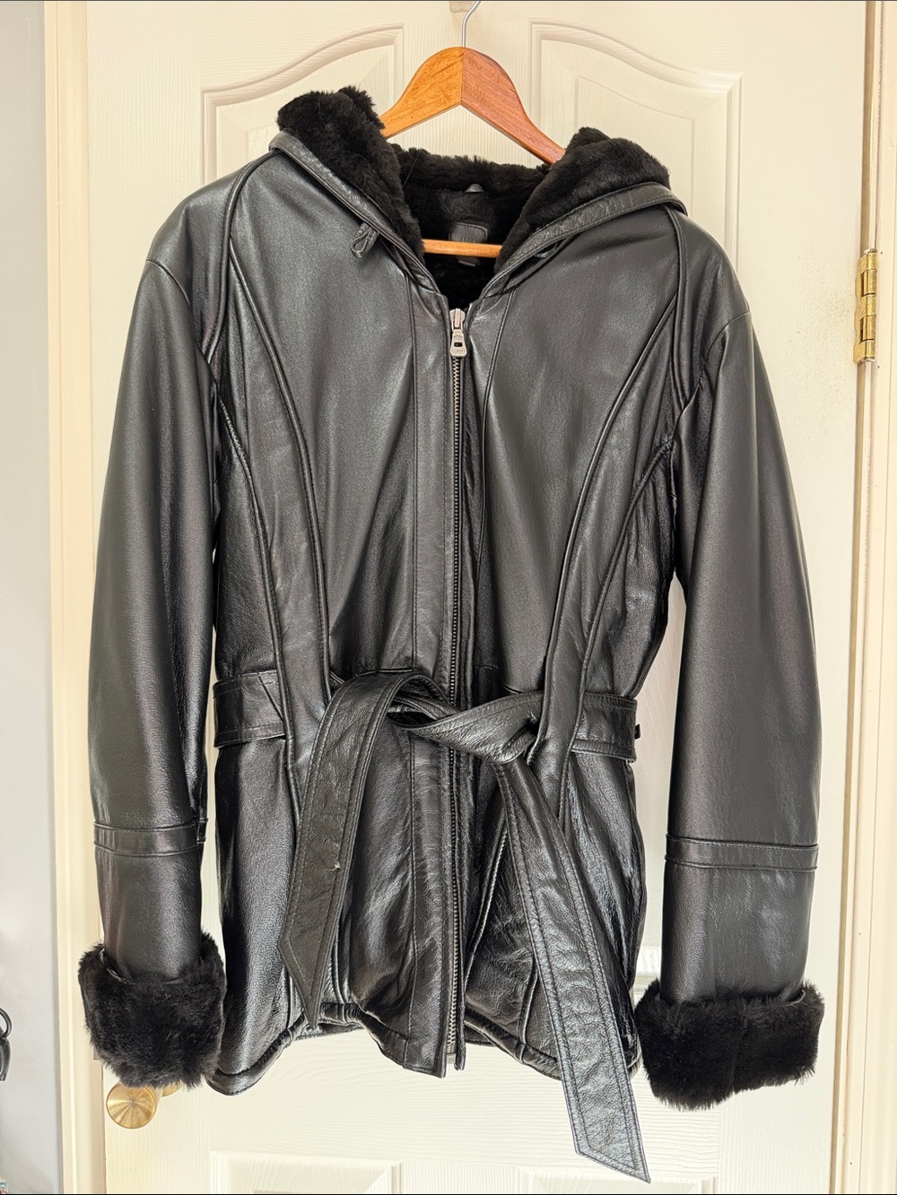 Vintage Wilson Black Hooded Faux Fur Belted Leather Jacket - Women Small